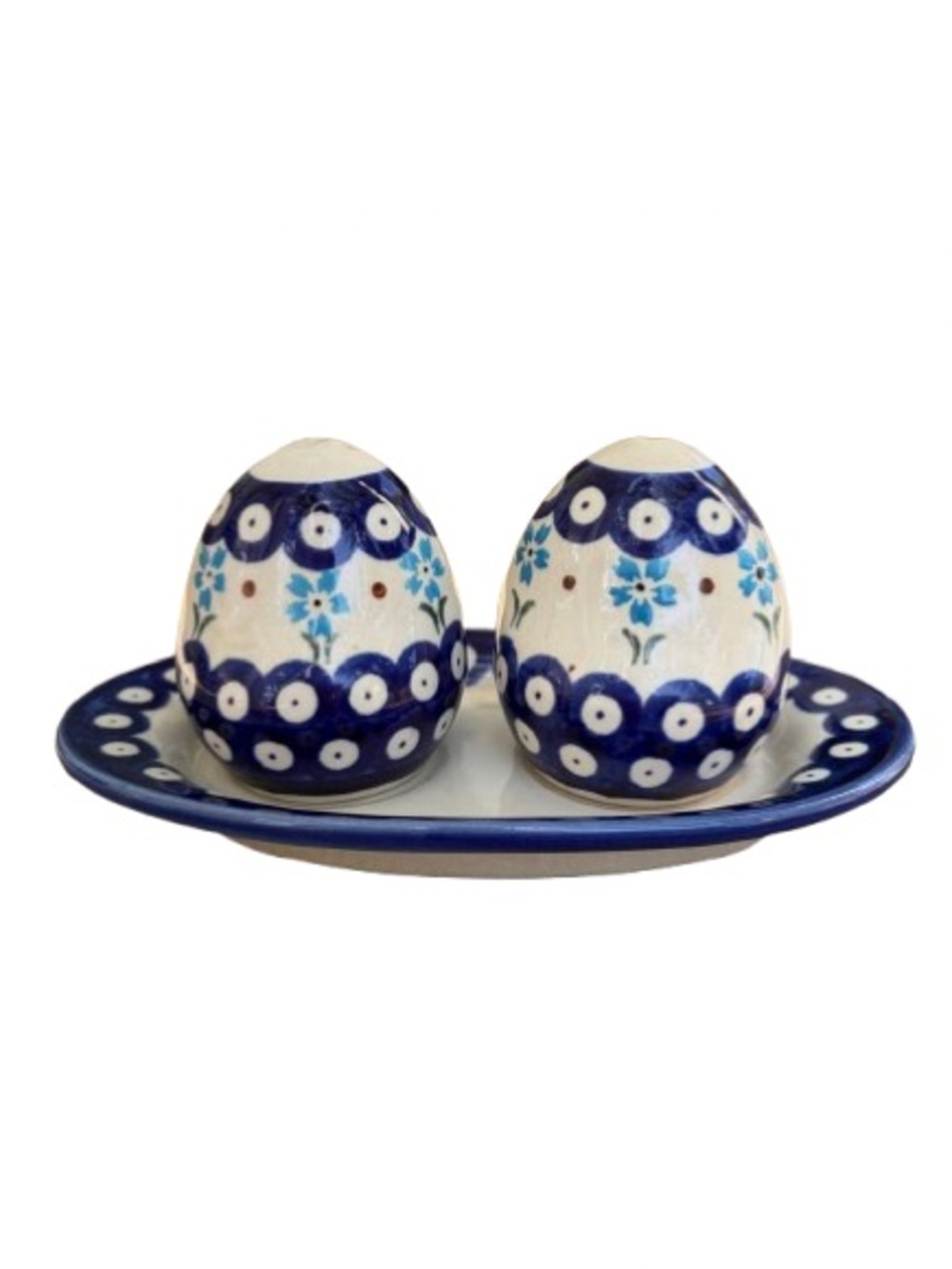 Boleslawiec Hand-Crafted Flowering Peacock Shakers with Tray Polish Pottery